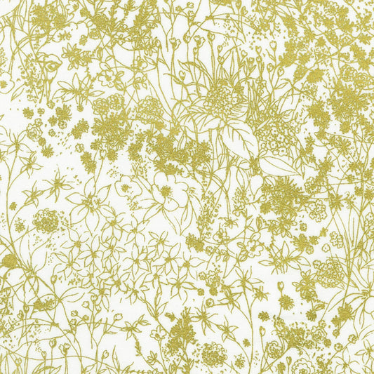 Pattern of metallic gold floral designs on a white background
