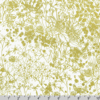 Floral pattern with metallic gold flowers on a white background, featuring a ruler at the bottom for scale.