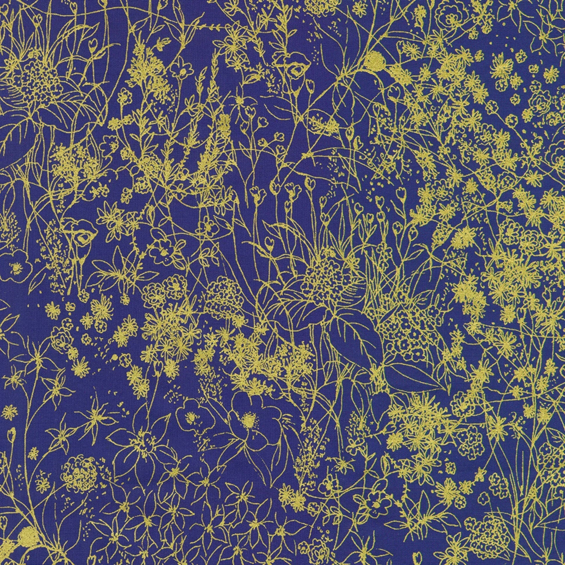 Floral pattern with gold flowers on a navy blue background