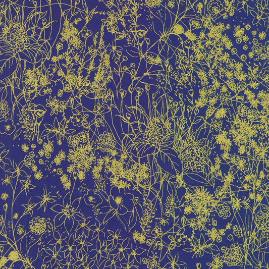 Floral pattern with gold flowers on a navy blue background