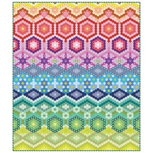 The Alchemy Quilt is an English Paper Pieced quilt using simple hexagons to make colorful geometric designs. 