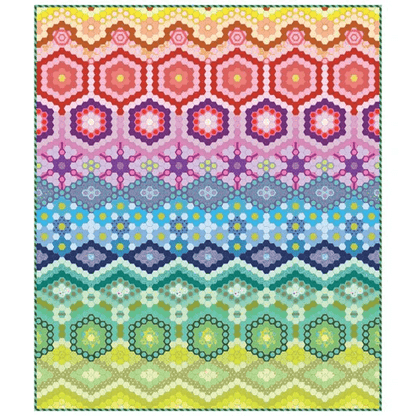 The Alchemy Quilt is an English Paper Pieced quilt using simple hexagons to make colorful geometric designs. 