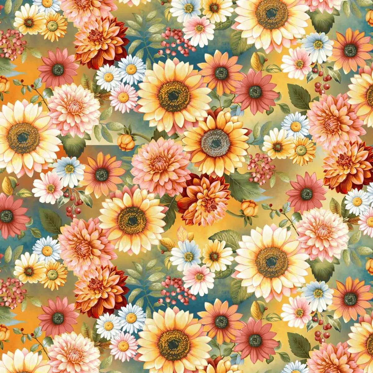 Colorful floral pattern of sunflowers and dahlias on a blended blue and yellow background.