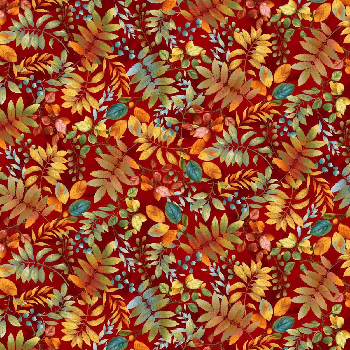 Colorful leaf pattern on a red background