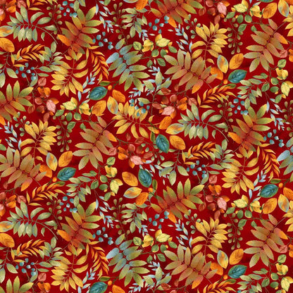 Colorful leaf pattern on a red background