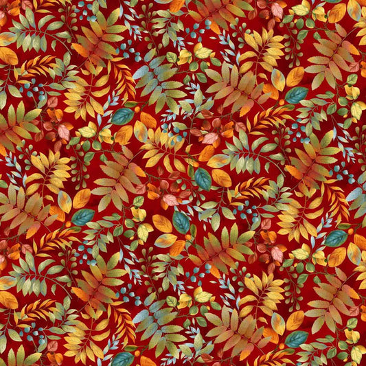 Colorful leaf pattern on a red background