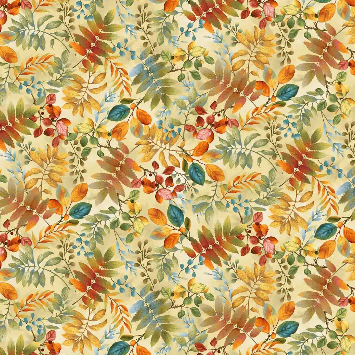 Fabric with a colorful autumn leaf pattern on a beige background.