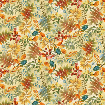 Fabric with a colorful autumn leaf pattern on a beige background.