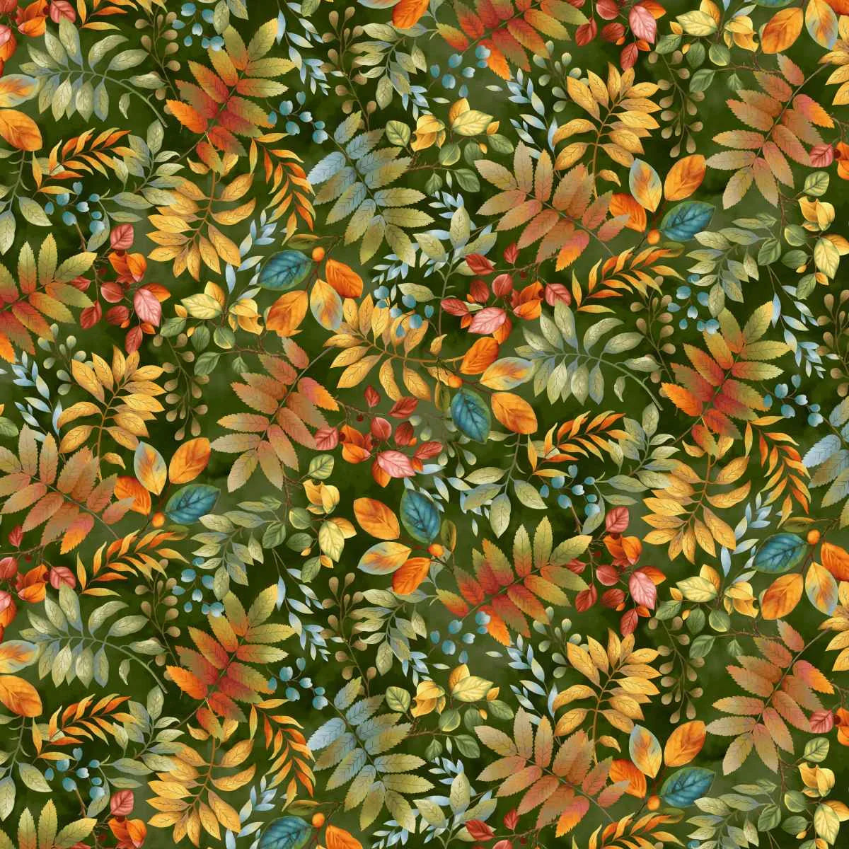 An autumn leaf pattern on a dark olive green background.