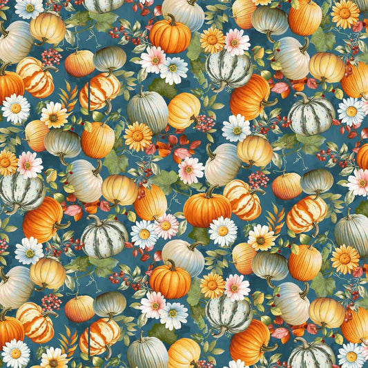 Pattern of pumpkins and flowers on a blue background