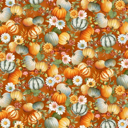 Pattern of pumpkins and flowers on an orange background.