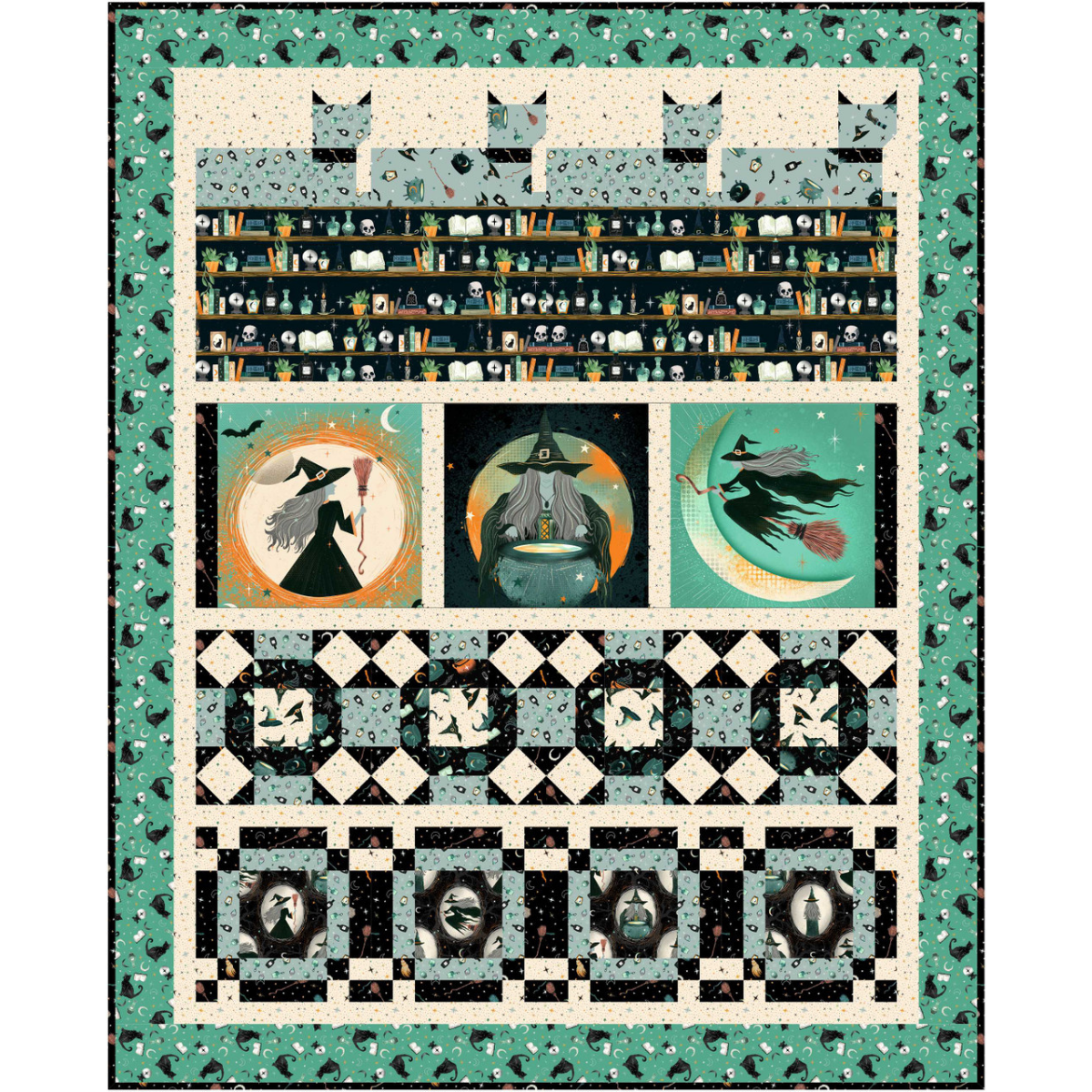 Quilt with Halloween-themed design featuring witches, cats, and books in a palette of teal, black, dusty blue, and warm cream.