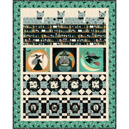 Quilt with Halloween-themed design featuring witches, cats, and books in a palette of teal, black, dusty blue, and warm cream.