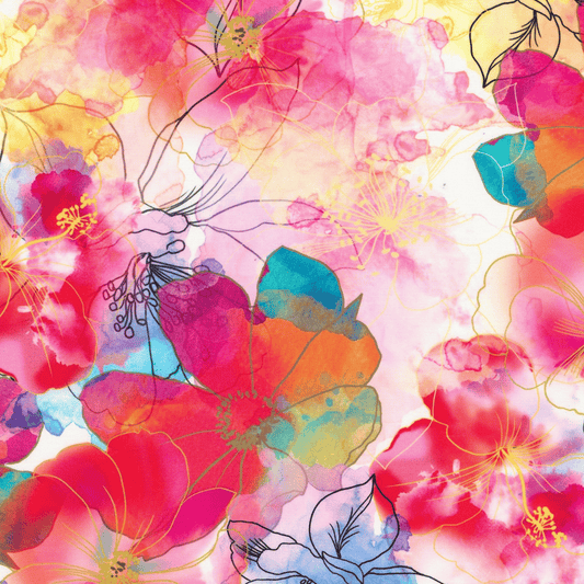 Artful Blooms Peony features delicate floral blossoms tossed across a blended pink, red, purple, and yellow watercolor background.