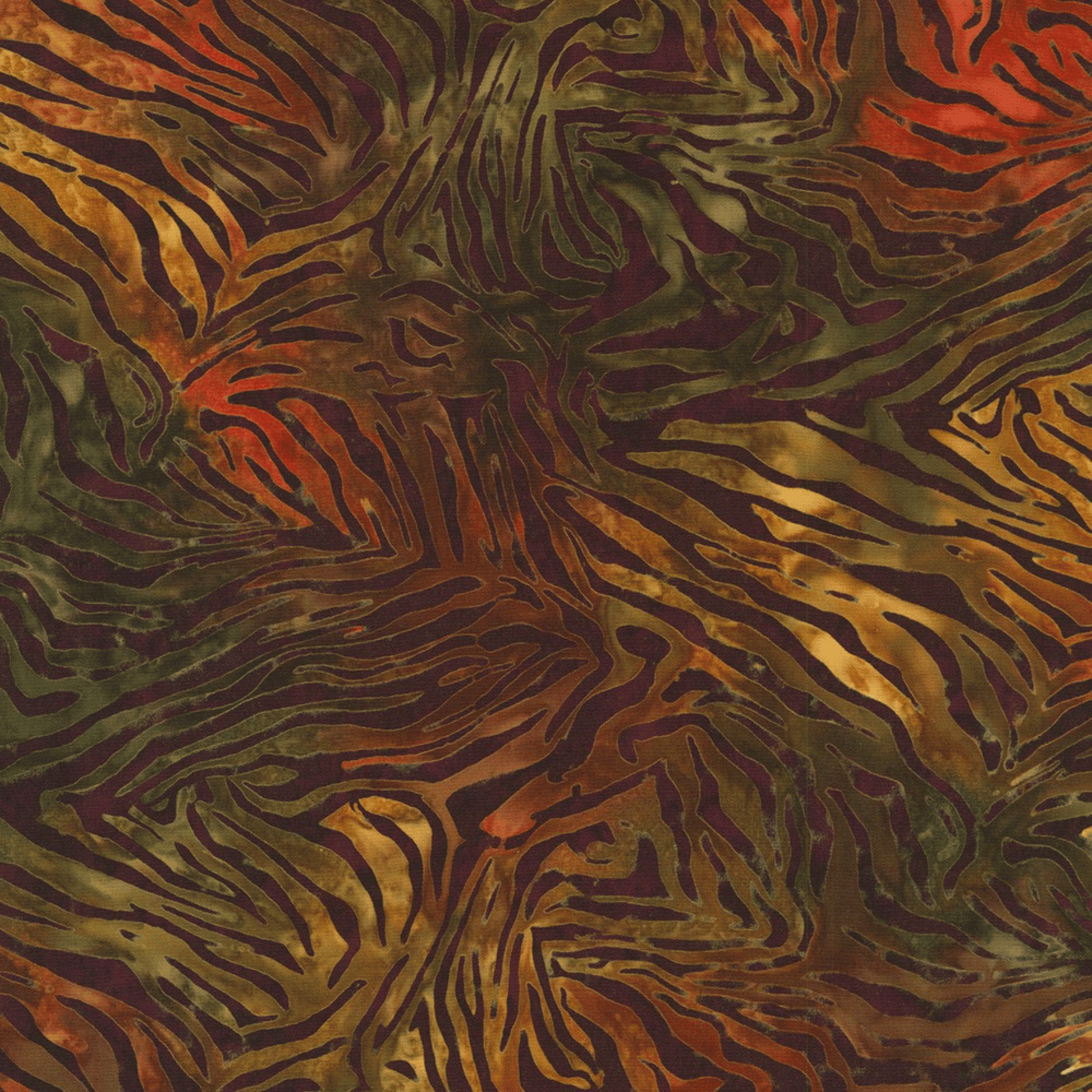 Jungle Dreams Redwood Artisan Batik is a wild hand-dyed fabric featuring dark brown tiger stripes on a blended tan, copper, and taupe background.