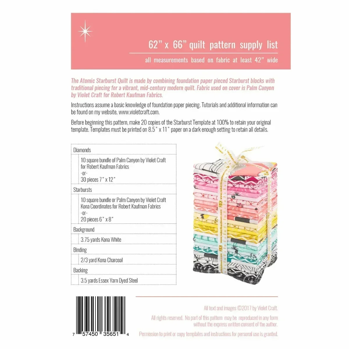 Quilt pattern supply list with fabric stack illustration on a white background