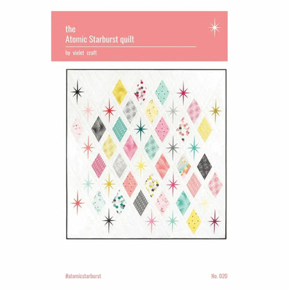 Patterned quilt design with geometric shapes on a white background, labeled 'Atomic Starburst quilt' by Violet Craft.