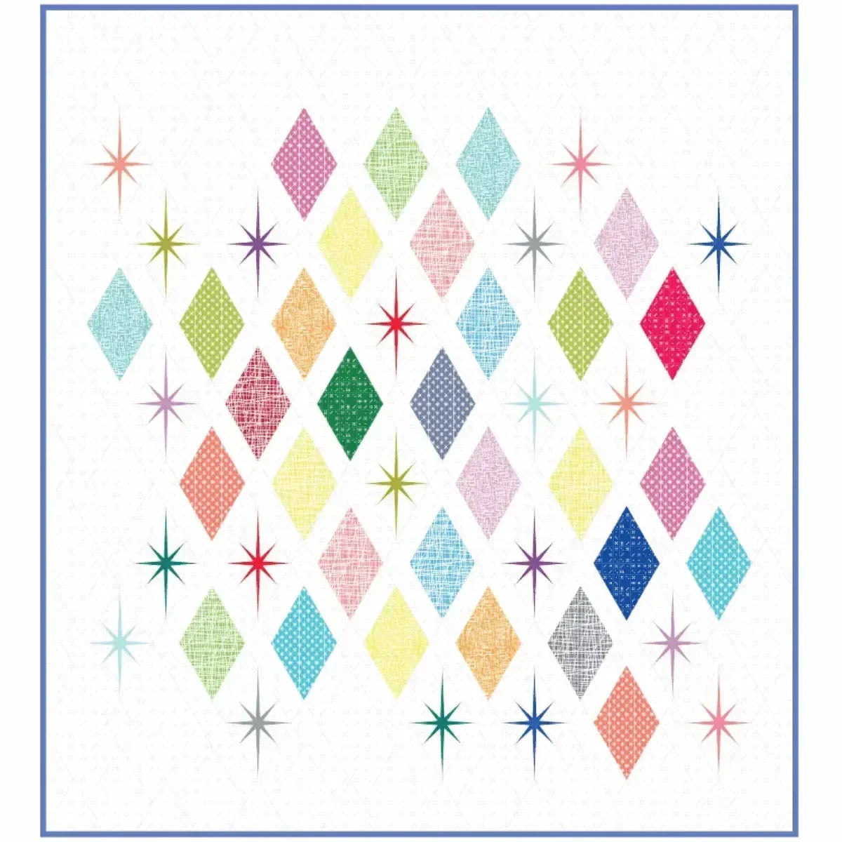 Colorful diamond quilt pattern with starburst accents on a white background