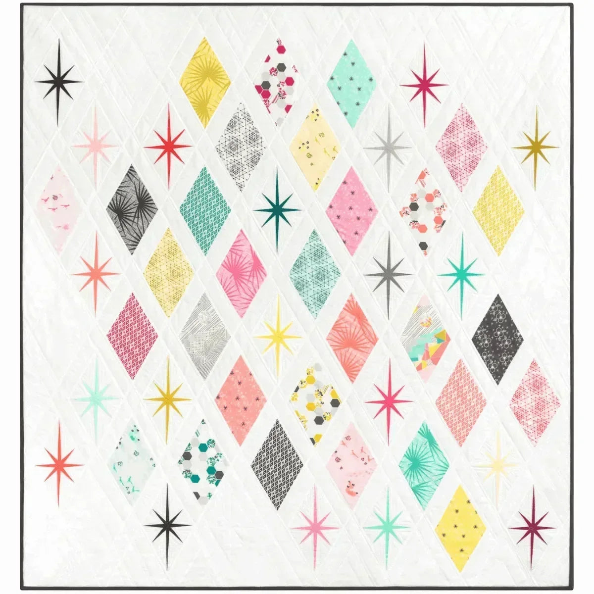 Colorful diamond and star quilt pattern on a white background