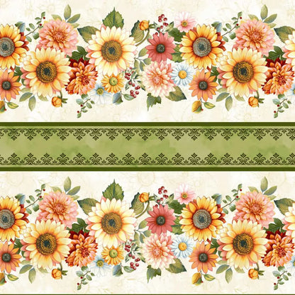 A repeating floral border pattern with large sunflowers, dahlias, and daisies with green leaves, and a decorative olive-green band across the middle on a light cream background.
