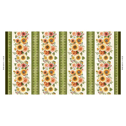 A repeating floral border pattern with large sunflowers, dahlias, and daisies with green leaves, and decorative olive-green bands in between on a light cream background. Left and right edges mark the selvages. 