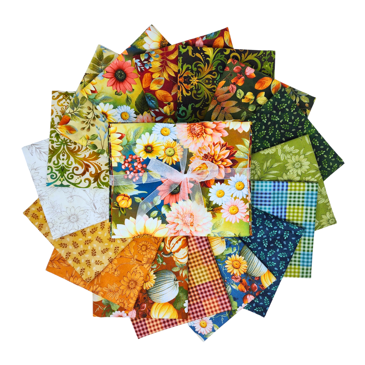 A circular arrangement of fabric squares in assorted prints, including florals, gingham, pumpkins, and leaves, rendered in a palette of beige, blue, gold, green, teal, red, and orange.