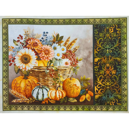 A rectangular placemat featuring an autumn still life scene with sunflowers, dahlias, pumpkins, and ornate damask borders.