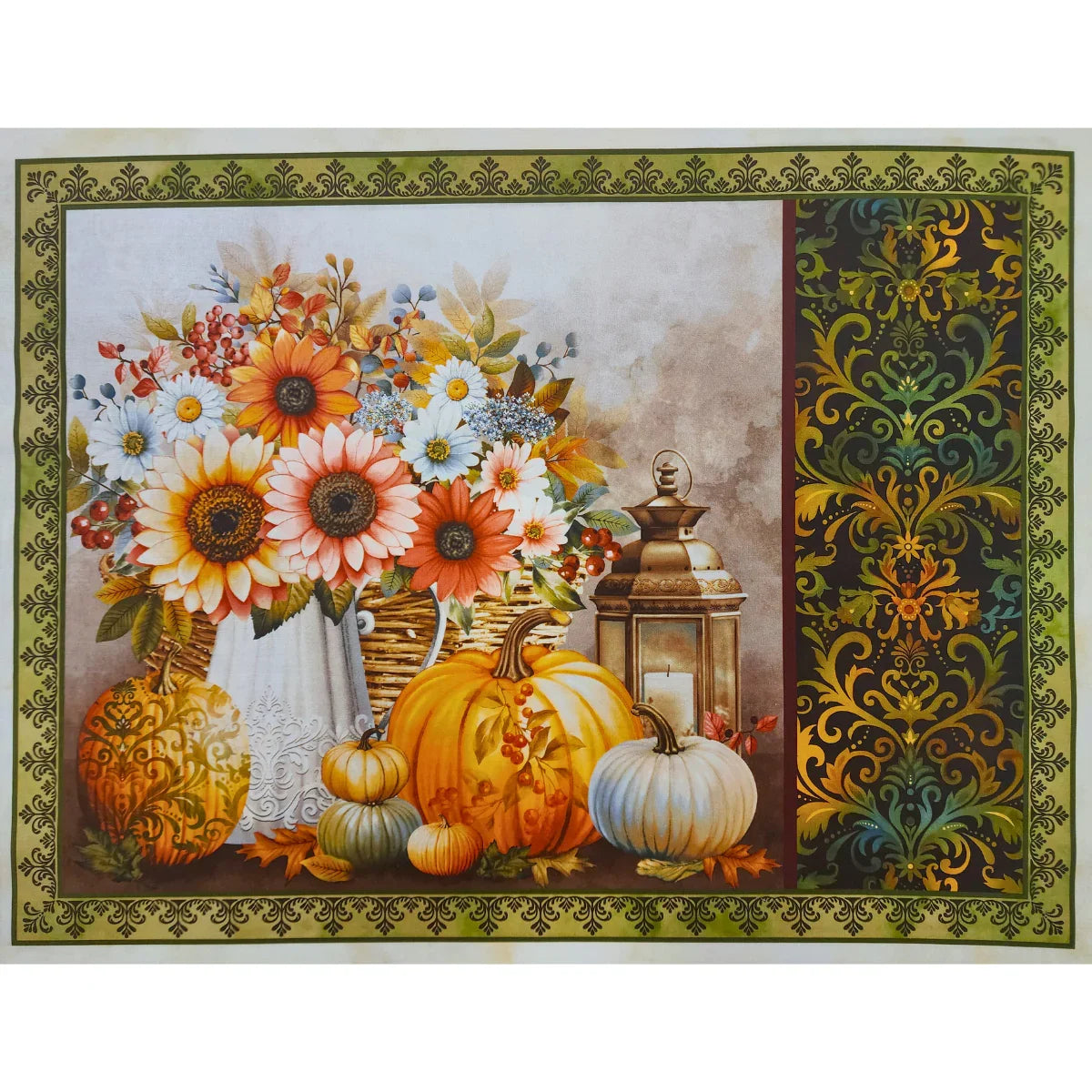 A rectangular placemat featuring an autumn still life scene with sunflowers, pumpkins, a lantern, and ornate damask borders.