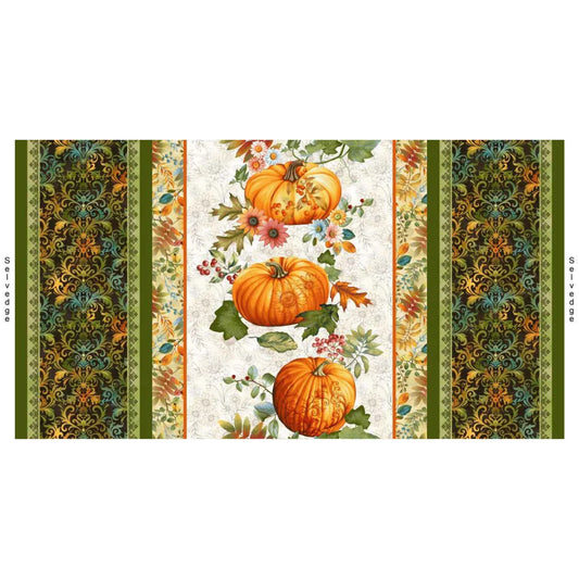 A striped fabric featuring orange pumpkins with autumn leaves and flowers on a cream background, framed by ornate green and gold patterned borders on the sides. Left and right edges mark the selvages.