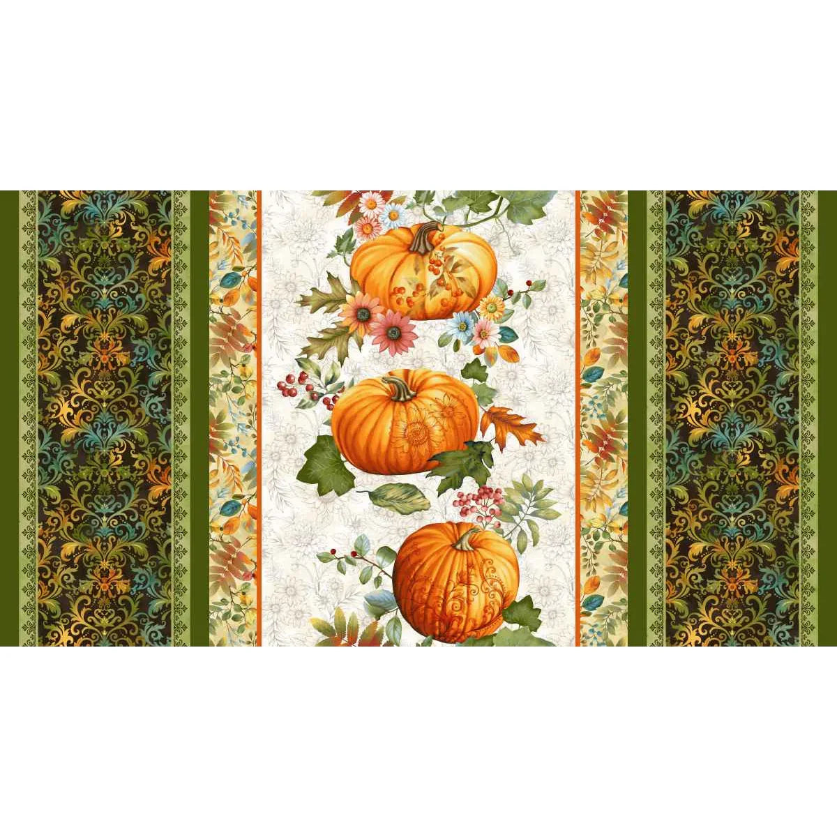 A striped fabric featuring orange pumpkins with autumn leaves and flowers on a cream background, framed by ornate green and gold patterned borders on the sides.