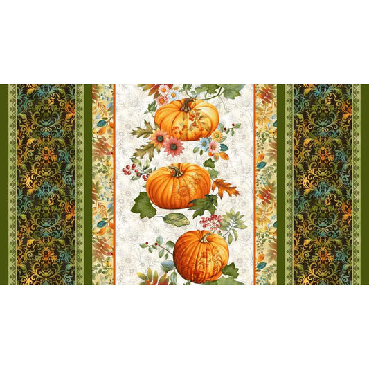 A striped fabric featuring orange pumpkins with autumn leaves and flowers on a cream background, framed by ornate green and gold patterned borders on the sides.