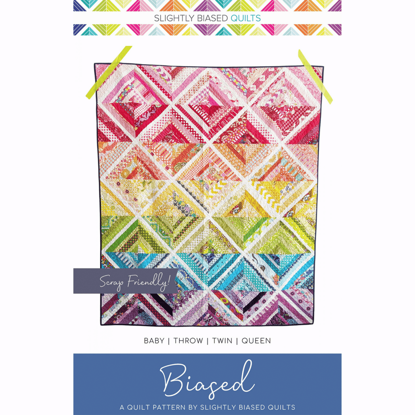 The Biased Quilt Pattern makes a fun strip quilt that is a great stash-buster! Sew various sized strips together to make scrappy blocks that look like they were sewn on-point. 