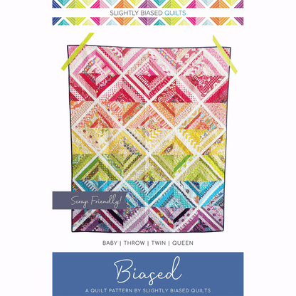 The Biased Quilt Pattern makes a fun strip quilt that is a great stash-buster! Sew various sized strips together to make scrappy blocks that look like they were sewn on-point. 