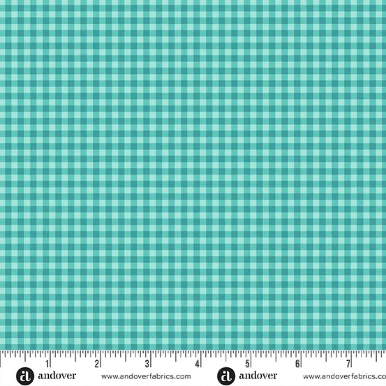 Teal and aqua checkered fabric with a ruler at the bottom for scale.