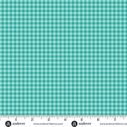 Teal and aqua checkered fabric with a ruler at the bottom for scale.
