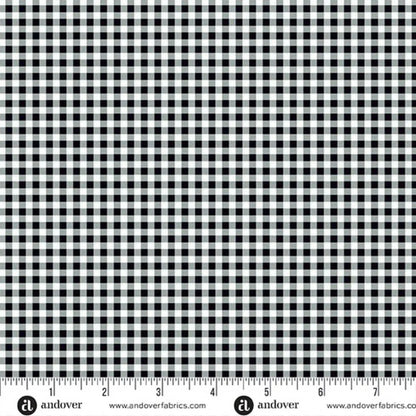 Black and white checkered fabric pattern with a ruler at the bottom for scale
