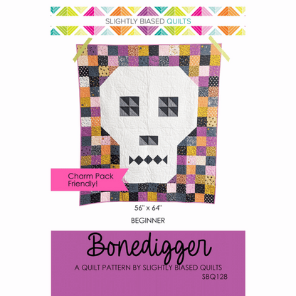 The Bonedigger Quilt Pattern makes a simple and spooky patchwork skull quilt that is perfect for the goth ghoulies in your life.