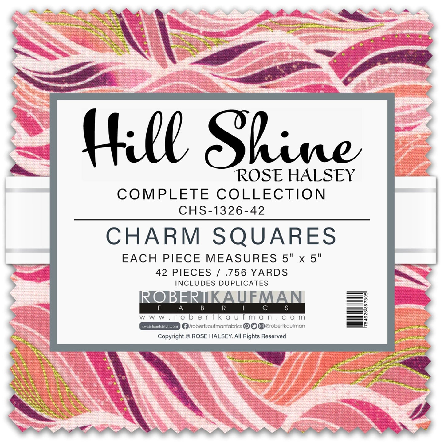 Fabric package with 'Hill Shine' label and pink and purple pattern