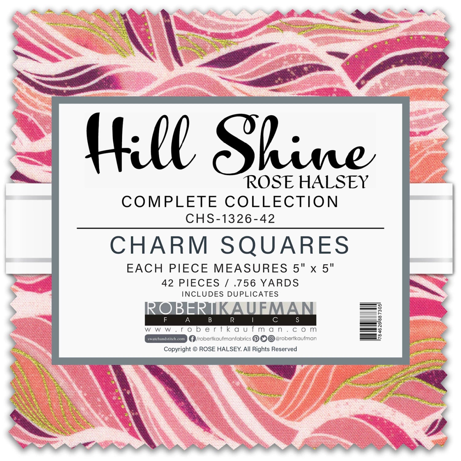 Fabric package with 'Hill Shine' label and pink and purple pattern