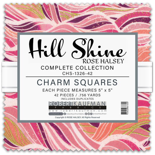 Fabric package with 'Hill Shine' label and pink and purple pattern