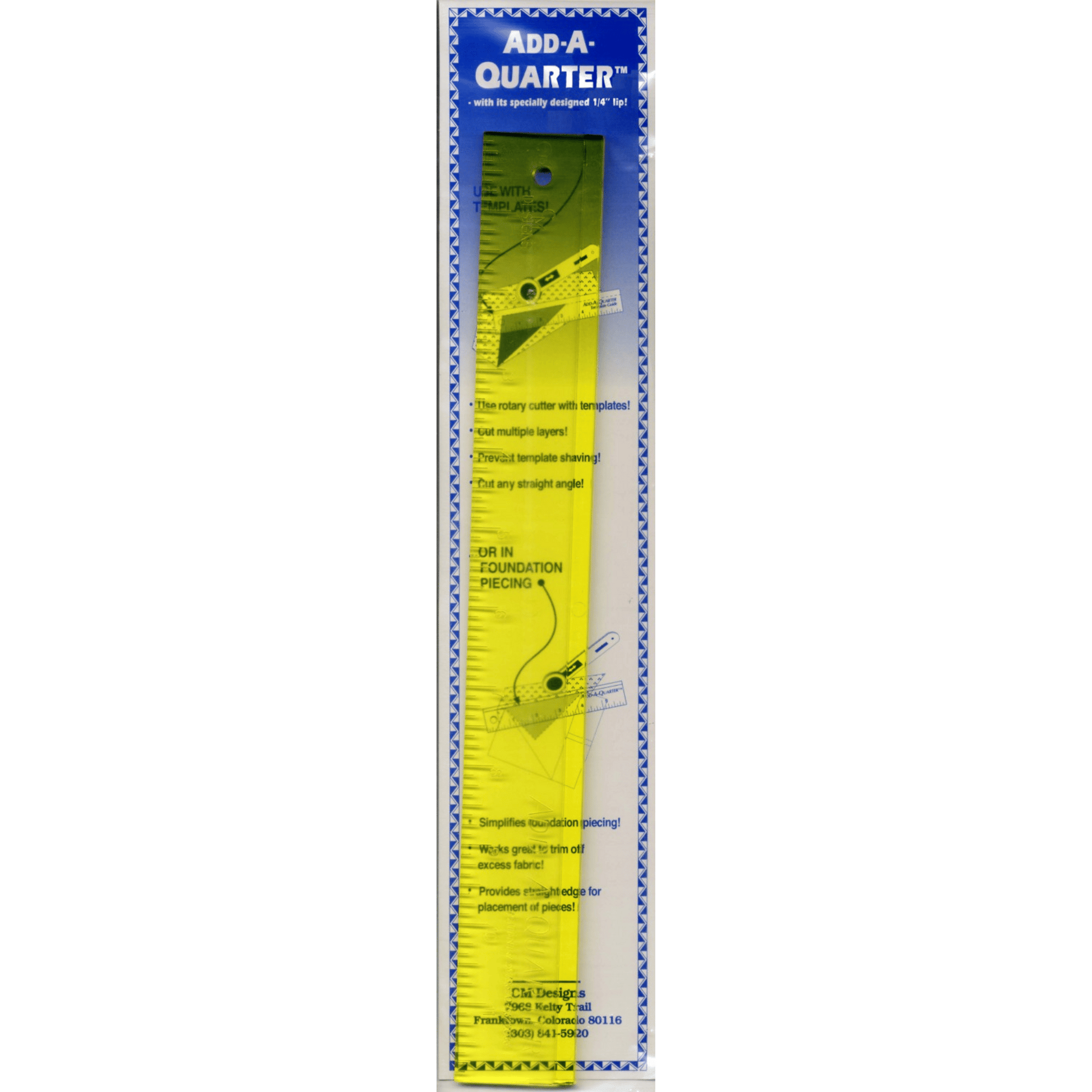 The Add-A-Quarter Ruler 1 1/2" x 12" features a specially designed lip that easily creates a 1/4" seam allowance when foundation paper piecing.