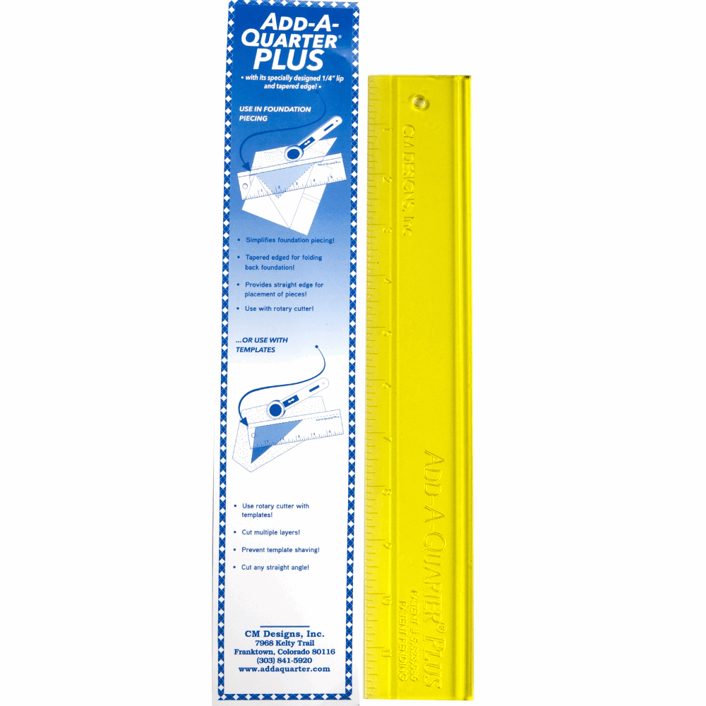 The Add-A-Quarter Ruler 12" Plus features a specially designed lip that easily creates a 1/4" seam allowance to your templates or when foundation paper piecing.