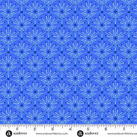 Deco Frost Winter Clamshells in Glacier features white starbursts, navy dots, and aqua arches arranged in a scallop pattern on a royal blue background.