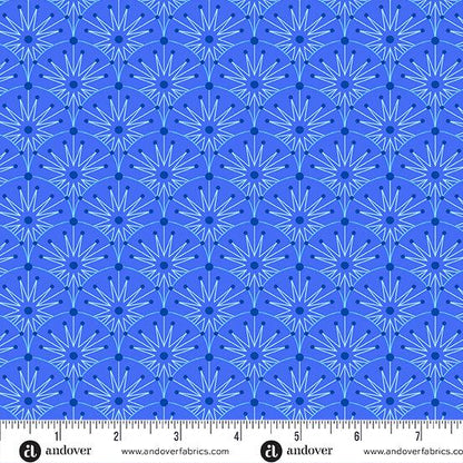 Deco Frost Winter Clamshells in Glacier features white starbursts, navy dots, and aqua arches arranged in a scallop pattern on a royal blue background.