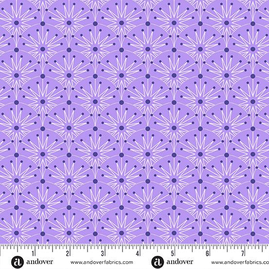 Deco Frost Winter Clamshells in Purple Haze features white starbursts, navy dots, and white arches arranged in a scallop pattern on a light purple background.