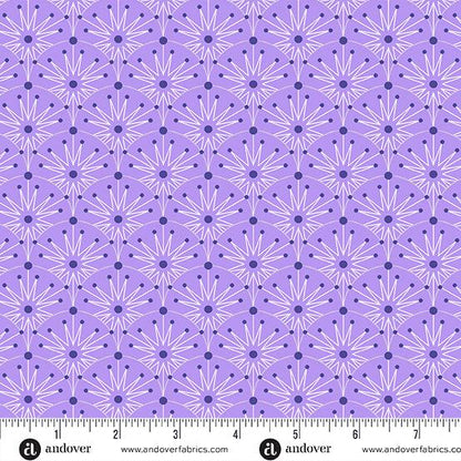 Deco Frost Winter Clamshells in Purple Haze features white starbursts, navy dots, and white arches arranged in a scallop pattern on a light purple background.