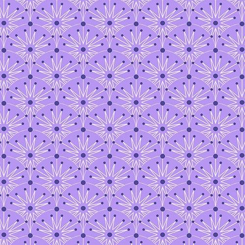 Deco Frost Winter Clamshells in Purple Haze features white starbursts, navy dots, and white arches arranged in a scallop pattern on a light purple background.