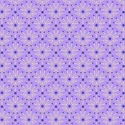 Deco Frost Winter Clamshells in Purple Haze features white starbursts, navy dots, and white arches arranged in a scallop pattern on a light purple background.