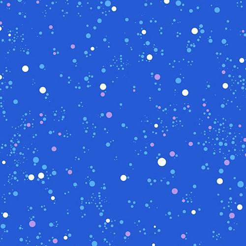 Deco Frost Snowfall in Flurries features an array of aqua, white, and purple dots scattered across a royal blue background.