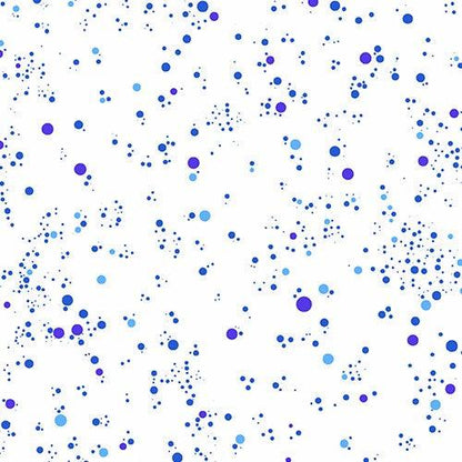 Deco Frost Snowfall in Blizzard features aqua, blue, and navy dots scattered across a white background.